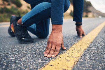 Sticker - Hands, running and a man at the start of his road workout for cardio training in preparation of a marathon. Fitness, line and a male runner or athlete getting ready for a challenge on the street