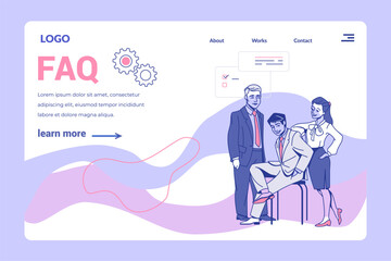 Aufkleber - Office team. FAQ landing page. Employees teamwork. Customer support. Frequently asking questions. Online consultation. Help to clients. Efficient management. Vector website background