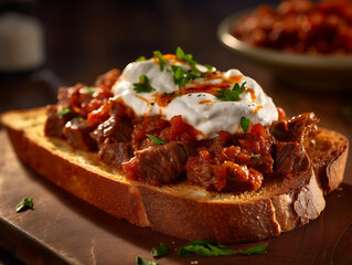 Wall Mural - Lamb or beef served on a bed of bread with tomato sauce and yogurt