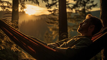 Slow Living Concept: A Man, Sleeping Peacefully In A Hammock, Suspended Between Two Towering Pine Trees, Nature - Filled, Secluded Area, Surrounded By A Serene Forest, Golden Light Of The Setting Sun