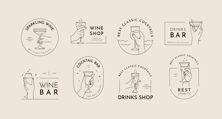 Bar logo. Cocktail glass. Hand holding wine goblet. Cheers and toasts. Alcohol drink. Emblem for party or cafe. Champagne wineglass. Beverages shop line symbol. Vector icons design set