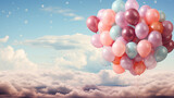 Fototapeta Niebo - balloons party pastel colors floating above the clouds orange blue pink sky background