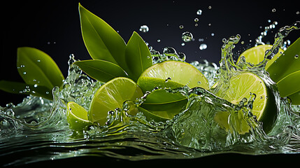 Poster - One quarter of a lime, falling towards a swirl of water drops, clear white background 