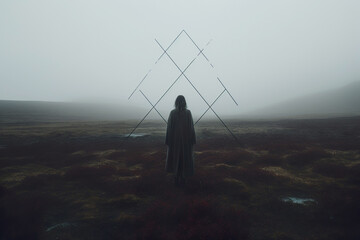 A mystical and ethereal scene of a woman standing and looking at a generic rune in the sky. The enigmatic landscape seems to resonate with pagan magic.