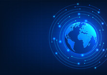 Global Technology, The Technology That Covers The Whole World Contributes To The Development Of The Economy And People's Livelihoods. Vector Illustration Globe With Circles Around It