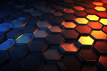 Poster - 3d rendering of abstract metallic hexagonal background with glowing light effects, abstract backgrou