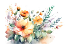 Watercolor Flowers Background, Abstract Flowers Made From Watercolor Paint Splashes Isolated On White