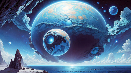 Wall Mural - alien planet landscape, 3d illustration of imaginary, fictional another planet background.