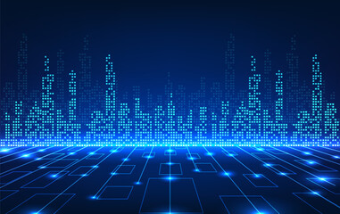 Poster - Smart city technology Pixel style city The front has technology circuit lines. Smart City concept technology is a city that focuses on improving service systems to make people more comfortable.