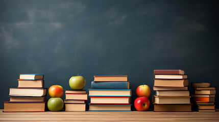 Back to school background with books and apples over blackboard.Created with Generative AI technology.