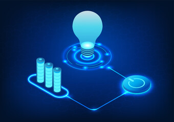 Poster - Battery technology releases energy by connecting to the power switch and connecting to the lamp. The energy concept drives the development of technology forward.