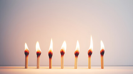 several short lit matches in a row on a white background, generated by AI