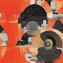 Radar satellite communication connectivity illustration collage repeat pattern technology futuristic pop art retro 