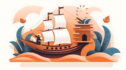 Illustration of ocean ship sunset in the evening with boat. Beautiful sunset seascape, paper cut and craft