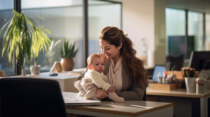 Businesswoman and mom holds her baby in her arms at her office job. The concept of motherhood and work life balance. Created with Generative AI technology.