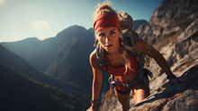 Beautiful Girl Blonde Climber Climbs The Mountain Front View Generated By AI