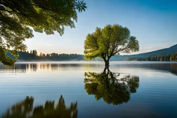 Poster - Fresh young leaves on a branch touching water surface(in the horizontal composition) and forming together with reflection a heart symbol