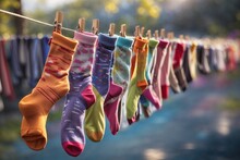 Colorful Socks On Washing Line Background
