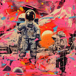 Leinwandbild Motiv Moon landing space travel collage fantasy psychedelic repeat pattern