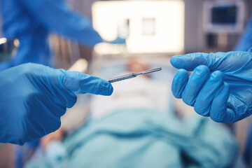 Canvas Print - Hands, scalpel for surgery and collaboration in a hospital during an operation or emergency medical procedure. Teamwork, healthcare equipment and doctors in theatre together to save a patient closeup