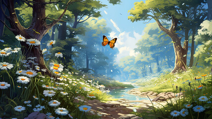 Wall Mural - Summer forest glade with flowering grass and butterflies on a sunny day. Generative Ai