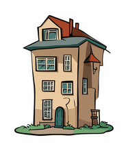 Cute Little Country Or Small Town House With Door, Windows And Attic. Exterior Of Home With Chimney. Cartoon City Building In Vintage Style. Colored Vector Illustration On Transparent Background. 