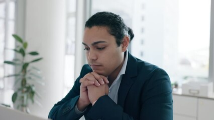 Poster - Business man, thinking and hands with stress, ideas and mental health in workplace, vision or future growth. Young entrepreneur, mindset and planning with faith, opportunity or search for inspiration