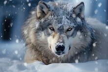 A Wolf Walking In A Snowy Forest, Close Up Photo