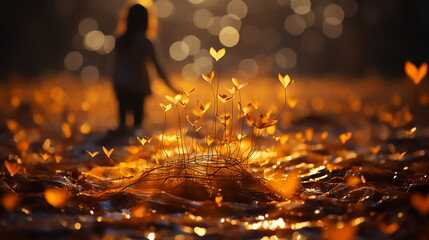 Poster - Surrealistic photo a person on leaves piles, holding a seed of hope, surrealistic landscape, light orange and brown color palettes, flat and smooth lighting,