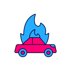 Sticker - Filled outline Burning car icon isolated on white background. Insurance concept. Car on fire. Broken auto covered with fire and smoke. Vector