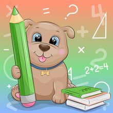 Cute Cartoon Dog With A Big Green Pencil And Books. School Vector Illustration With An Animal On A Colorful Background.