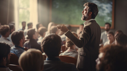 mature professor giving lecture to group of college students in the classroom. back view.