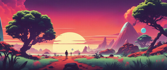 Wall Mural - Beautiful alien sunset. Retro futuristic illustration in 80s style. Unexplored new world. Fantastic landscape. Breathtaking panorama of an alien planet. Exploration of the unknown.