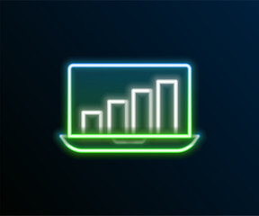 Poster - glowing neon line laptop with graph chart icon isolated on black background. report text file icon. 