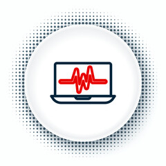 Poster - Line Laptop with cardiogram icon isolated on white background. Monitoring icon. ECG monitor with heart beat hand drawn. Colorful outline concept. Vector