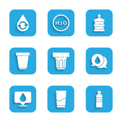 Sticker - Set Glass with water, Bottle of, Water drop speech bubbles, location, filter cartridge, Big bottle clean and Recycle aqua icon. Vector