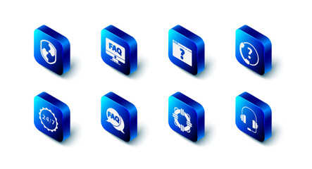 Poster - Set Computer monitor and FAQ, Browser with question mark, Telephone 24 hours support, Headphones, Lifebuoy, Speech bubble, Clock and Shield icon. Vector