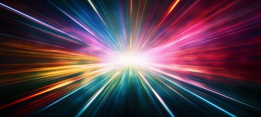 Poster - Abstract speed glowing light background banner illustration - Speedy motion blur creating flashy pattern of colorful straight lines, laser beams for web banner and wallpaper design