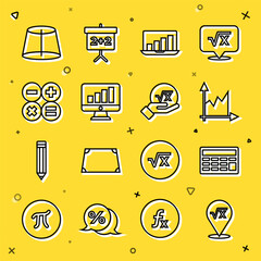 Poster - Set line Square root of x glyph, Calculator, Graph, schedule, chart, diagram, Laptop with graph, Computer monitor, Geometric figure and icon. Vector