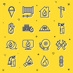 Canvas Print - Set line Climber rope, Firefighter axe, extinguisher, burning house, buildings, No fire, cone bucket and helmet icon. Vector