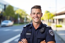 Portrait Of A Smiling Young Police Officer Standing With Arms Crossed In The Street