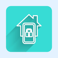 Poster - White line Mobile phone with smart home icon isolated with long shadow. Remote control. Green square button. Vector