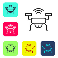 Sticker - Black line Smart drone system icon isolated on white background. Quadrocopter with video and photo camera symbol. Set icons in color square buttons. Vector