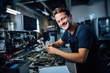 Professional Smiling Amidst Automotive Manufacturing