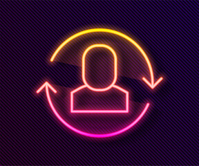 Poster - Glowing neon line Exchange work icon isolated on black background. Information exchange between people. Employee or people Replacement or swap position concept. Vector