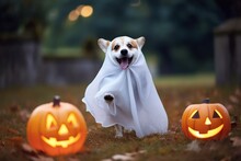 Cute Corgi Dog In Ghost Halloween Costume Sitting Near Pumpkin Basket Outdoors. Halloween Welsh Corgi Pembroke With Pumpkiin