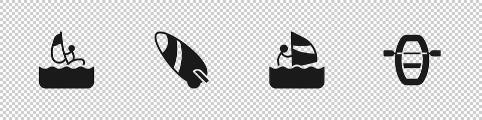 Poster - Set Windsurfing, Surfboard, and Boat with oars icon. Vector