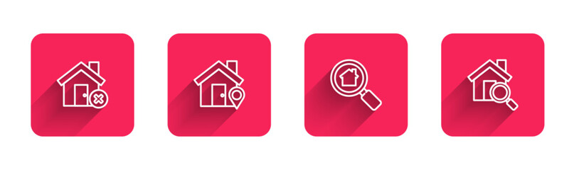 Sticker - Set line House with wrong mark, Location house, Search and with long shadow. Red square button. Vector