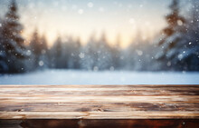 Dark wooden table for product montage set against a blurry snowy landscape with silhouette trees under an orange and pink sky during sunrise or sunset, complete with falling snowflakes.