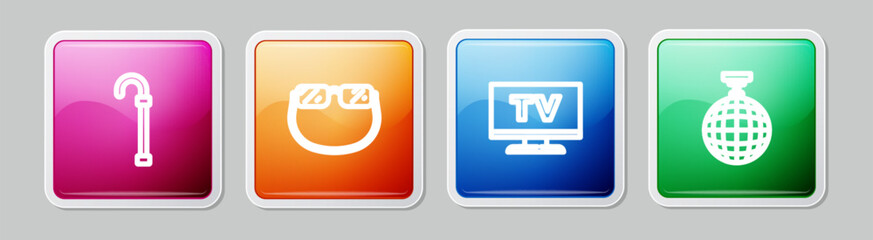 Poster - Set line Walking stick cane, Eyeglasses, Smart Tv and Disco ball. Colorful square button. Vector